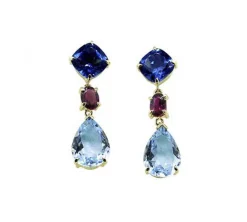 PENDIENTES ORO 18 KILATES CON TOPACIOS AZULES Y GRANATES